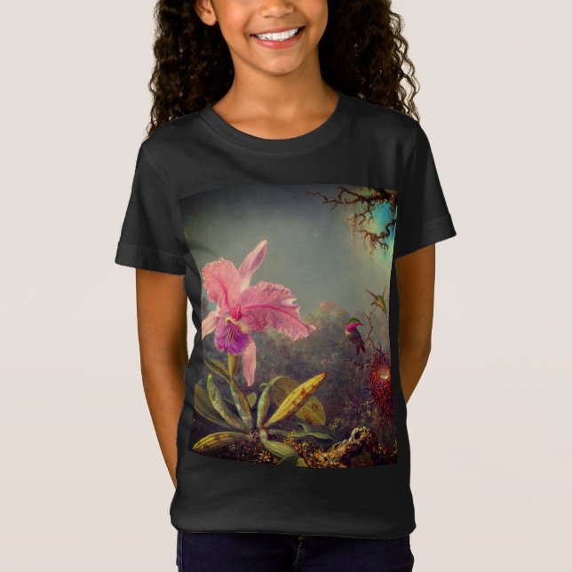 Cattleya Orchid and Three Hummingbirds Heade T-Shirt (Front)
