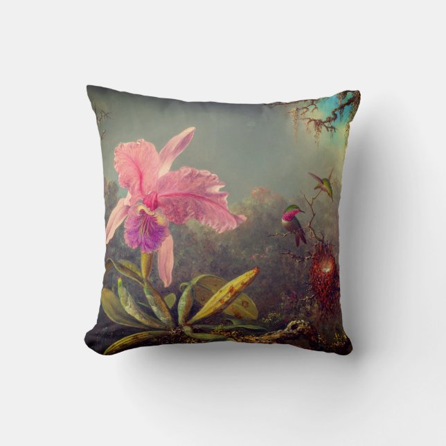 Cattleya Orchid and Three Hummingbirds Heade Throw Pillow (Front)