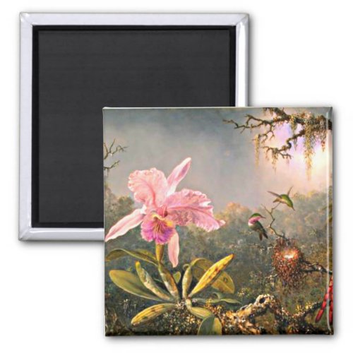 Cattleya Orchid and Three Hummingbirds Magnet