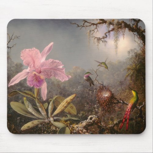 Cattleya Orchid and Three Hummingbirds Mouse Pad