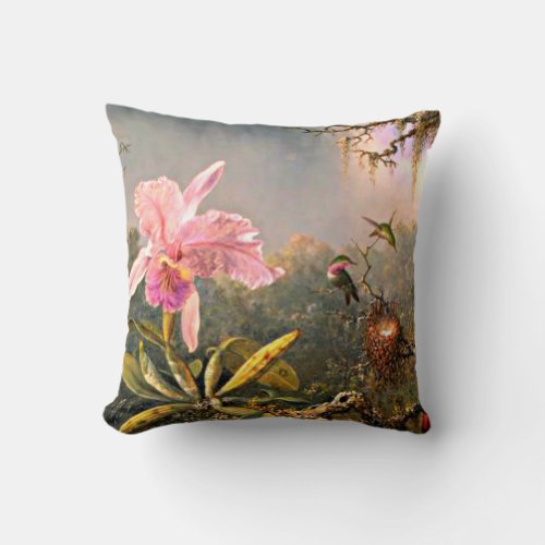 Cattleya Orchid and Three Hummingbirds Throw Pillow
