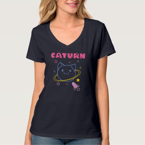 Caturn Cat in Space Planet Saturn Kitten Astronomy T_Shirt