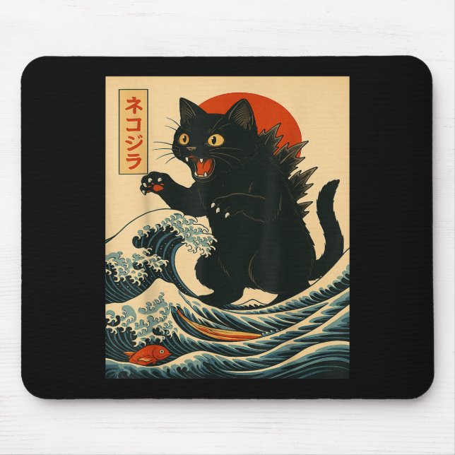 Catzilla Cat Japanese Art Funny Cat For Men Women  Mouse Pad (Front)