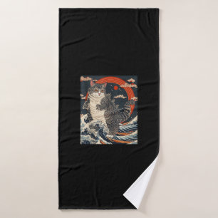 Catzilla Cat Japanese Art Funny Cat Gifts For Men  Bath Towel