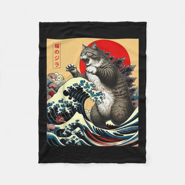 Catzilla Cat Japanese Art Funny Cat Gifts For Men  Fleece Blanket (Front)