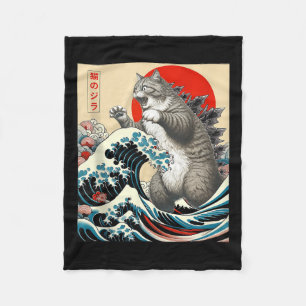 Catzilla Cat Japanese Art Funny Cat Gifts For Men Fleece Blanket