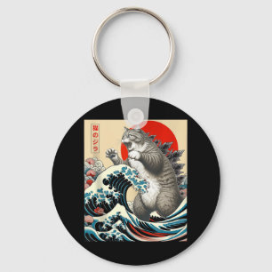 Catzilla Cat Japanese Art Funny Cat Gifts For Men Keychain