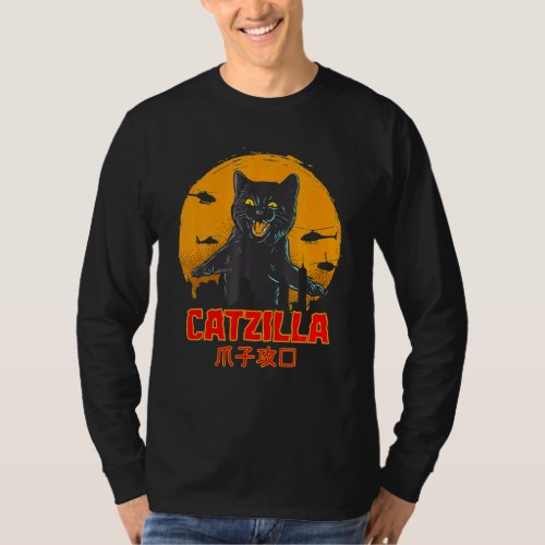 Catzilla Cat Retro Sunset Japanese Kitten T_Shirt