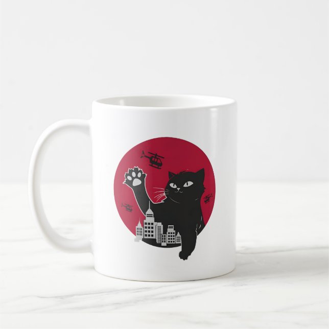 Catzilla – Giant Black Cat Parody with City Coffee Mug (Left)