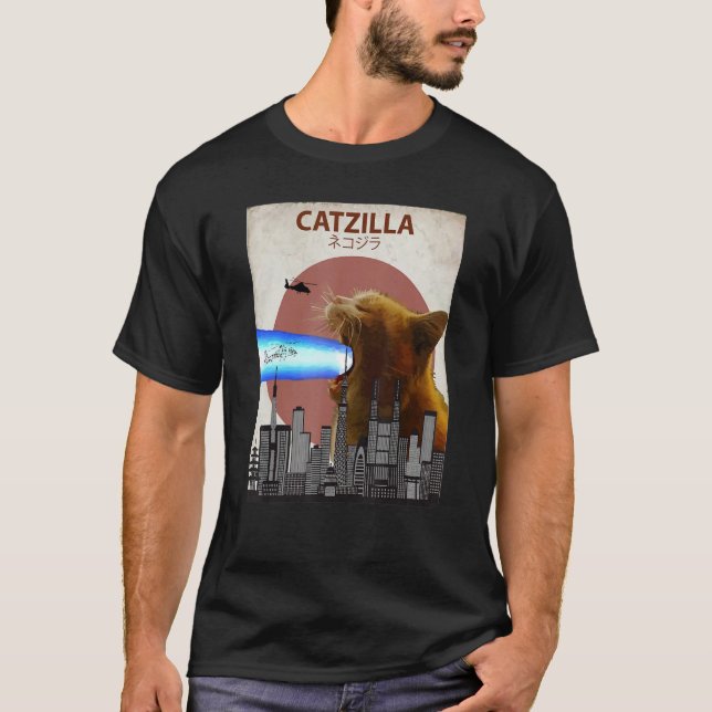 Catzilla Giant Cat with Mouth Lasers Japanese Funn T-Shirt (Front)