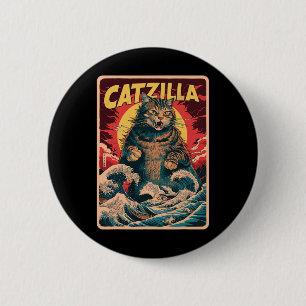Catzilla Japanese Art Funny Cat Vintage Graphic Button