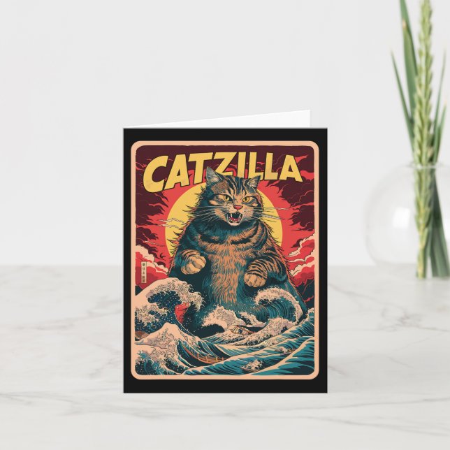Catzilla Japanese Art Funny Cat Vintage Graphic  Card (Front)
