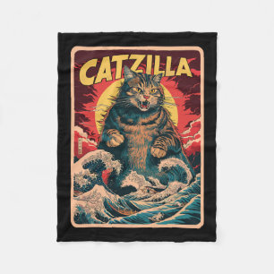 Catzilla Japanese Art Funny Cat Vintage Graphic Fleece Blanket