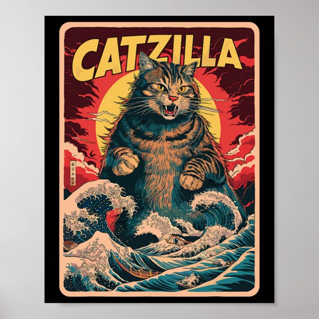 Catzilla Japanese Art Funny Cat Vintage Graphic  Poster (Front)