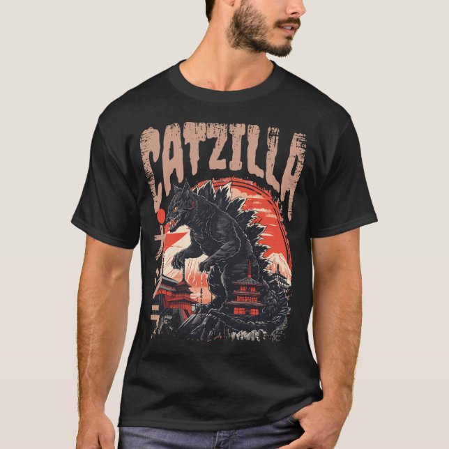Catzilla Japanese Art Funny Cute Cat T-Shirt (Front)