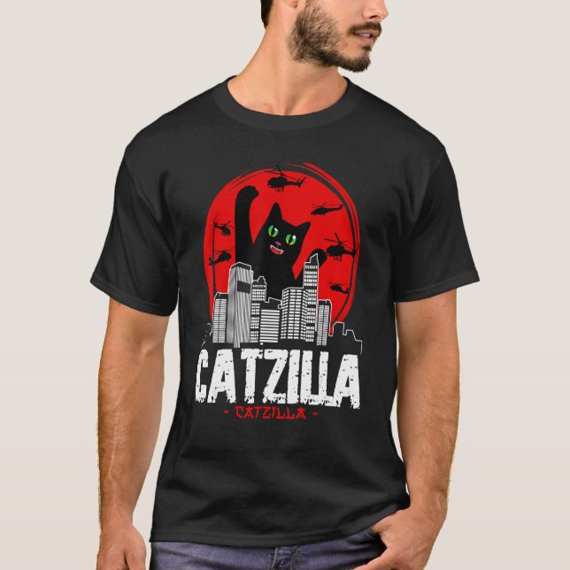 Catzilla Japanese Sunset fighting helicopter funny T-Shirt (Front)