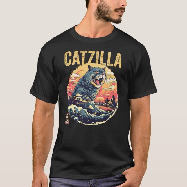 Catzilla Kaiju Cat Japanese Art Comic Anime Cat Ca T-Shirt (Front)