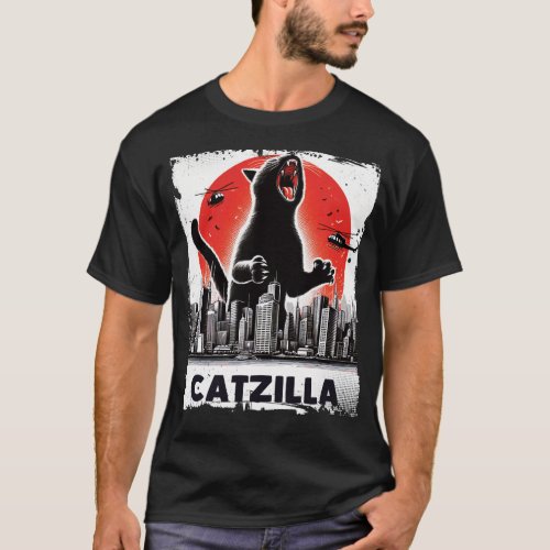 Catzilla Roaring Over City Skyline Cat Monster T_Shirt