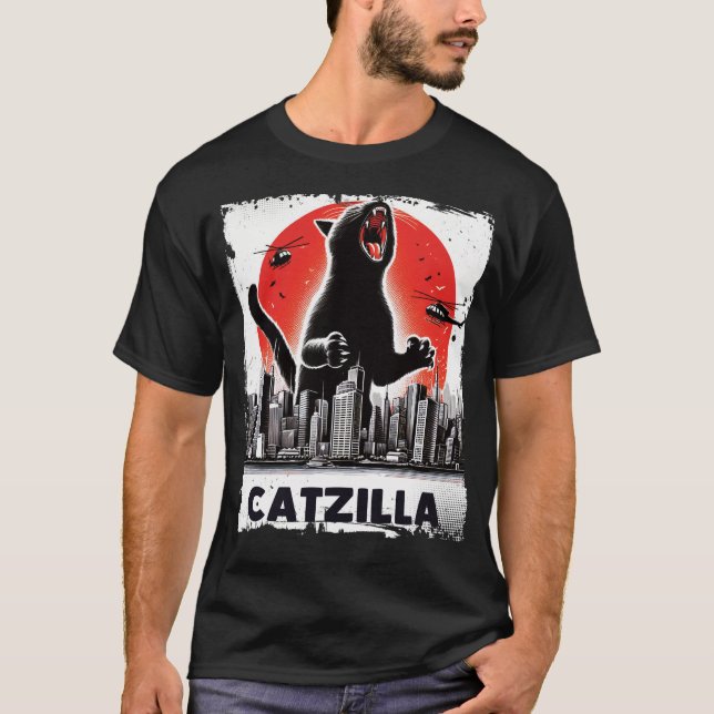 Catzilla Roaring Over City Skyline Cat Monster T-Shirt (Front)