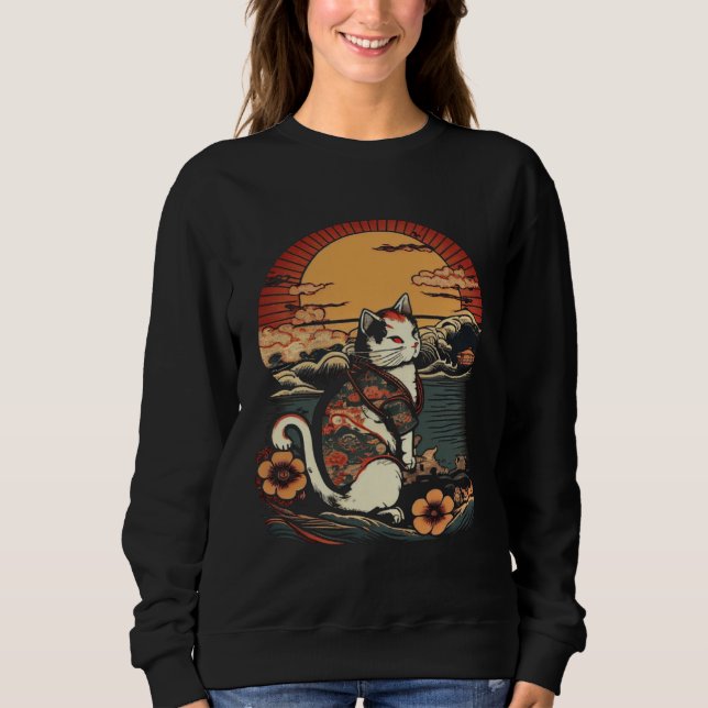 Catzilla Vintage  Cute Cat Japanese Sunset Graphic Sweatshirt (Front)