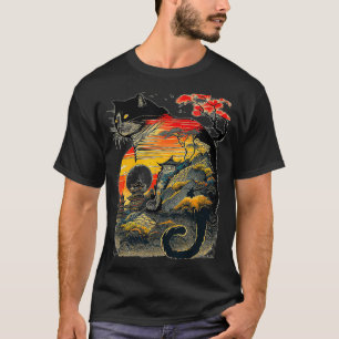 Catzilla Vintage Funny Cute Cat Art Japanese Sunse T-Shirt