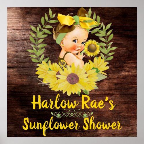 Caucasian Baby Girl Yellow Sunflower Rustic Poster