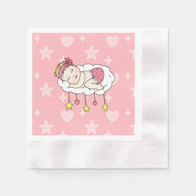 Caucasian Baby Sleeping on Cloud Stars Pink Napkins (Front)