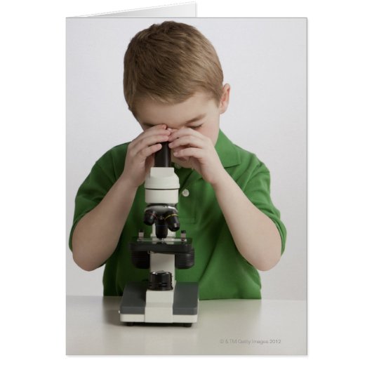 Caucasian boy peering into microscope cards (Front)