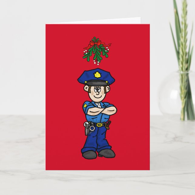 Caucasian Cop & Mistletoe Flirty Christmas Card (Front)