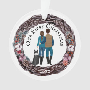 Caucasian couple border collie dog berry wreath ornament