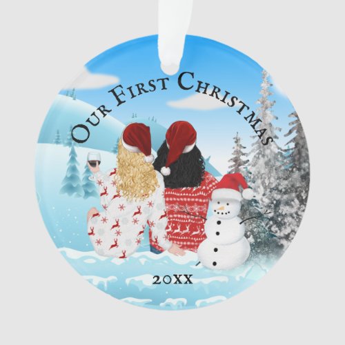 Caucasian lesbian couple snowman DIY photo Ornament