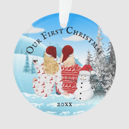 Caucasian lesbian couple winter snowman photo ornament