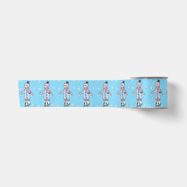 Caucasian Pretty Little Ice Skater and Snowflakes Satin Ribbon (Front)