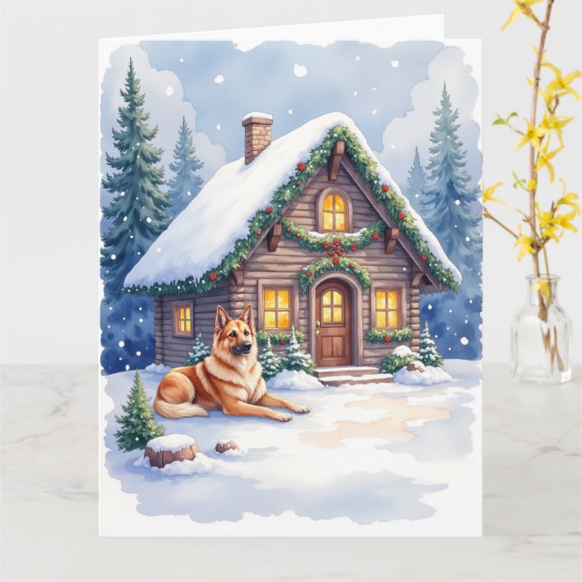 Caucasian Shepherd Dog Mountain Cabin Christmas Card (Yellow Flower)