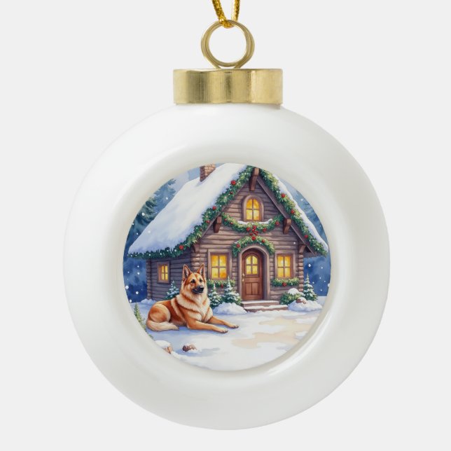 Caucasian Shepherd Dog Mountain Cabin Christmas Ceramic Ball Christmas Ornament (Front)