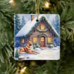 Caucasian Shepherd Dog Mountain Cabin Christmas Ceramic Ornament