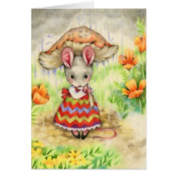Caught In The Rain - Cute Mouse Art Card by yarmalade at Zazzle