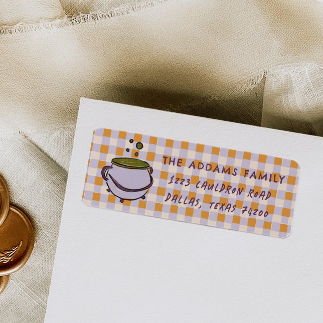 Cauldron Checkered Halloween Return Address Label (Witch Cauldron Purple and Orange Checkered Halloween Return Address Labels)