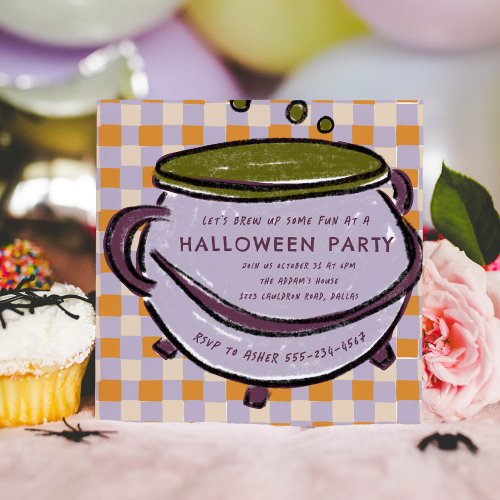Cauldron Checkered Watercolor Halloween Party Invitation