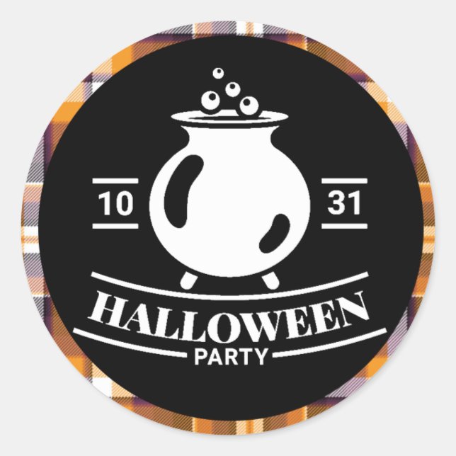 Cauldron Halloween Party Black/Orange Plaid Classic Round Sticker (Front)