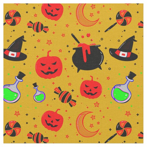 Cauldron Pumpkin Hat Candy Moon on Yellow Gold     Fabric