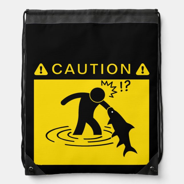 Caution: Attack Fish Drawstring Bag (Front)