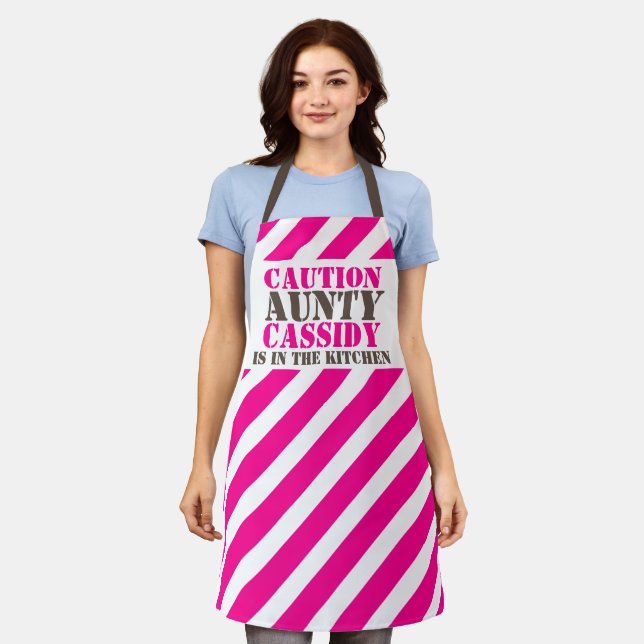 Caution aunty in the kitchen graphic pink stripe apron (Worn)