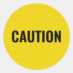 Caution black yellow warning safety sign classic round sticker