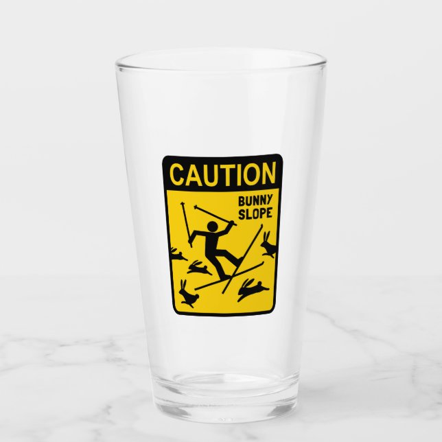 Caution Bunny Slope Funny Ski Sign | Skiing Humor Glass (Front)