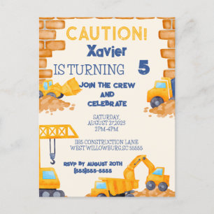 CAUTION! Construction Truck Birthday Invitation Postcard
