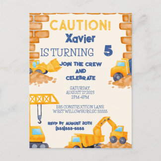 CAUTION! Construction Truck Birthday Invitation Postcard