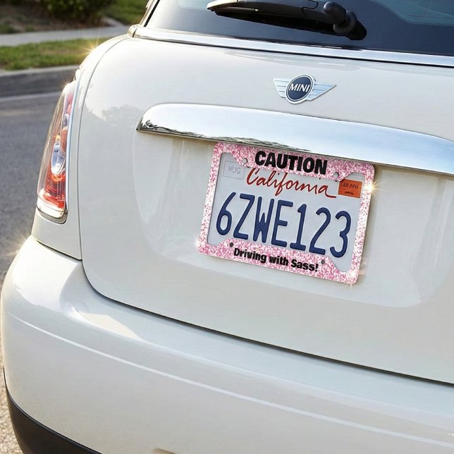 Caution Driving with Sass Pink Glitter License Plate Frame (Creator Uploaded)