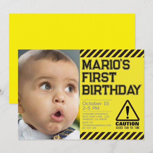 Caution! Funny First Birthday party Invitation (Front/Back)