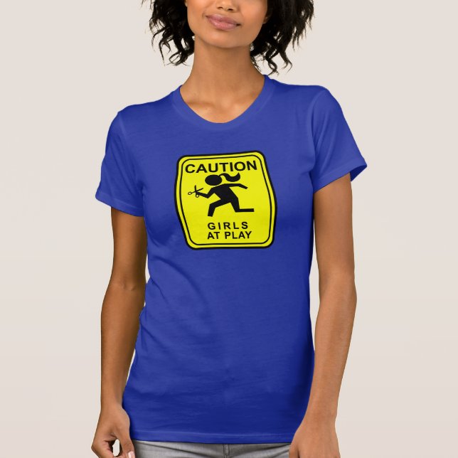 Caution Girls at Play - running with scissors T-Shirt (Front)